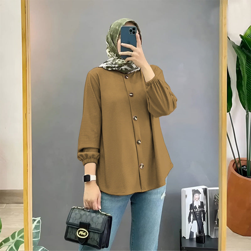 Muslim Ice Silk Wrinkle Stand-up Collar Literary Vintage Cardigan Loose Shirt Women