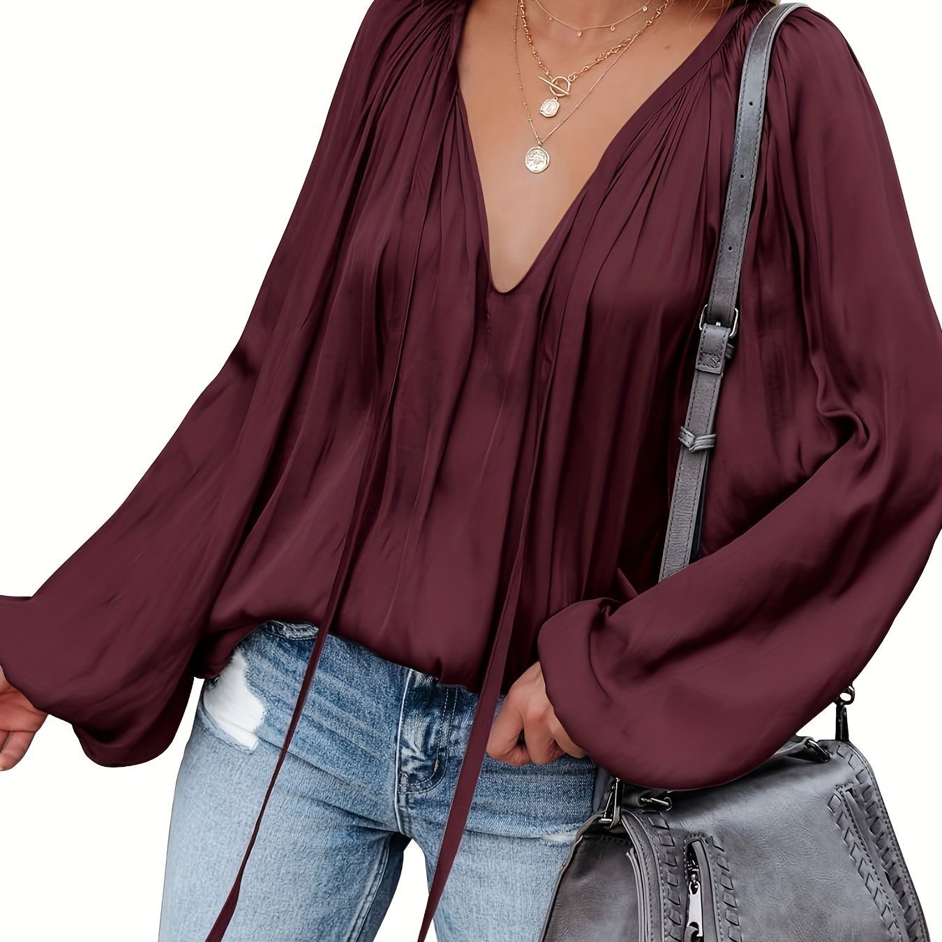 Women's Satin V-neck Long Sleeve Shirt Casual