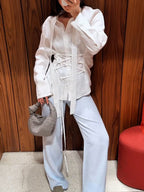 White Linen Tie Long Sleeve Shirt