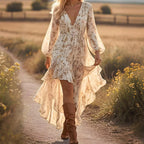 V-neck Irregular Hem Printed Long Sleeve Dress