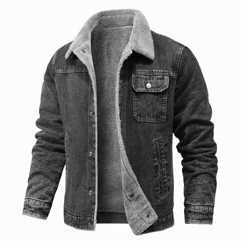 Retro Lapels Loose Cotton Jacket Fleece-lined Thickening Denim Jacket