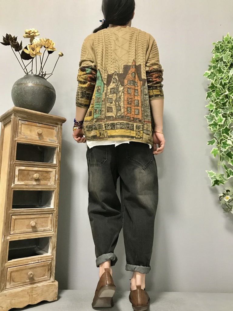 Retro Literary Ethnic Style Painted Ladies Jeans